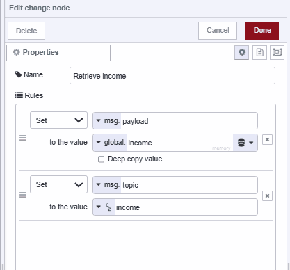 Screenshot displaying the change node retrieving income data from global context "Screenshot displaying the change node retrieving income data from global context"