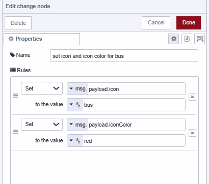 Screenshot of the Change node setting the icon and icon color for bus Screenshot of the Change node setting the icon and icon color for bus