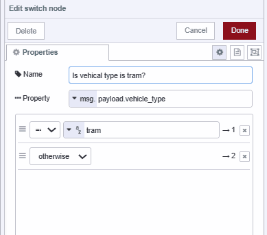 Screenshot of the Switch node checking if the vehicle type is tram or not Screenshot of the Switch node checking if the vehicle type is tram or not