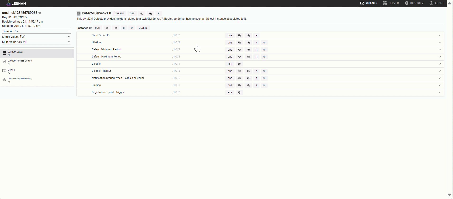 Image showing the LwM2M server executing reboot command for device Image showing how to perform write operation in the LwM2M server